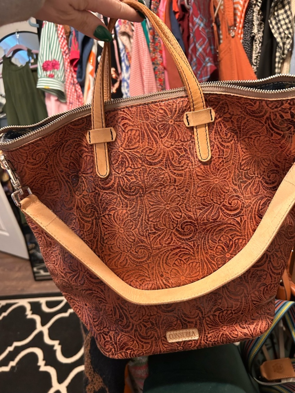 Consuela Tooled Leather Rust Brown Tote with Tan Trim, demin stars interior.